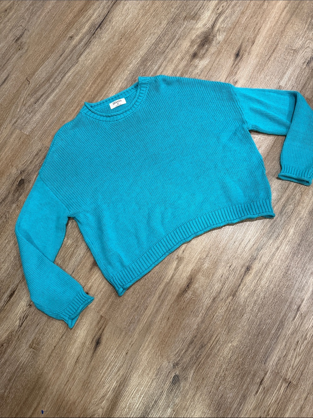 Women's Cropped Crewneck Openknit Cotton Rolled Neck Sweater in Teal Green